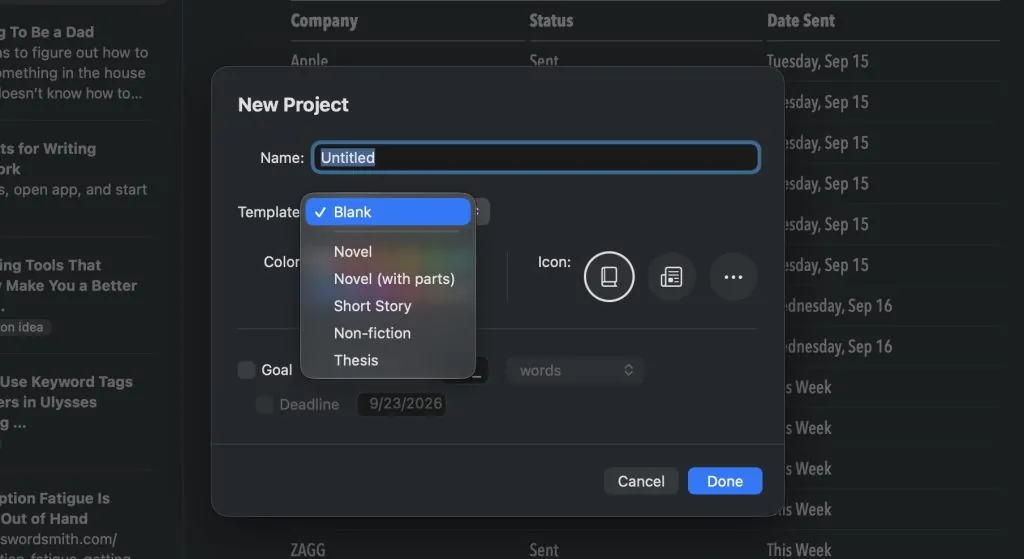 Creating a Project with templates in Ulysses 41 on macOS 27