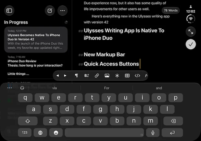 Ulysses iPhone Duo Update: Native Support & New Features 2 Ulysses iPhone Duo app showing column view