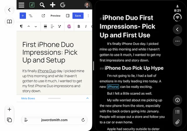 Ulysses iPhone Duo Update: Native Support & New Features 3 iPhone Duo showing two apps in split screen with Ulysses and Safari