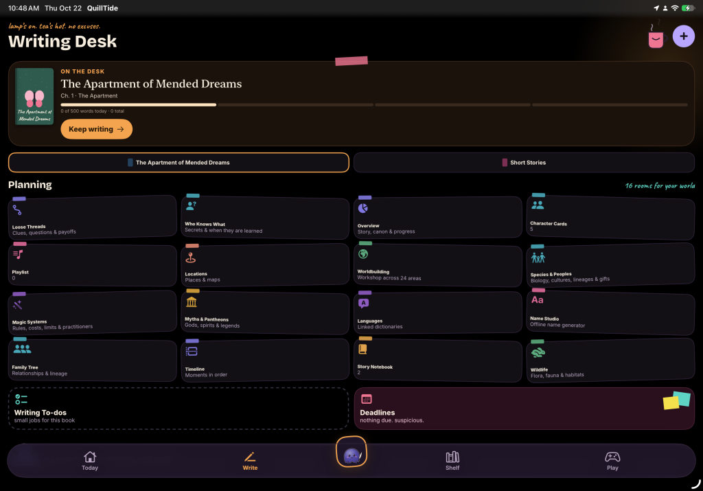 This image is a screenshot of a writing application interface titled "Writing Desk." It displays a project called "The Apartment of Mended Dreams" with various planning modules below it, including sections for Loose Threads, Character Cards, Worldbuilding, and a Story Notebook.