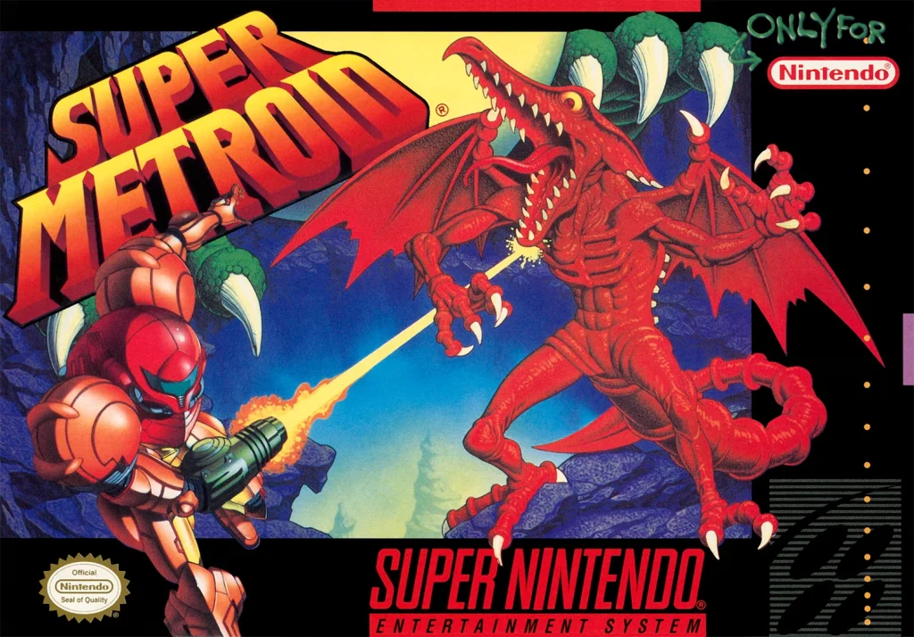 Growing Up Gaming: Navigating Video Games And Kids 3 This image features the cover art for the classic title Super Metroid, a standout among video games, and kids as well as adults can appreciate the iconic depiction of Samus Aran in her power suit, set against a dark, atmospheric background.