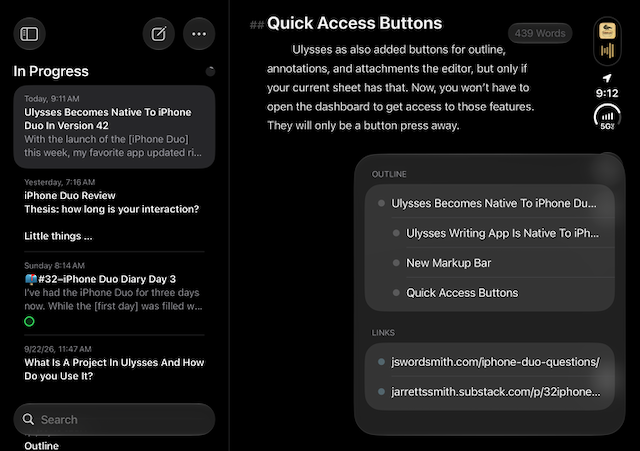 Ulysses iPhone Duo Update: Native Support & New Features 6 Ulysses iPhone Duo app showing quick access button to outline