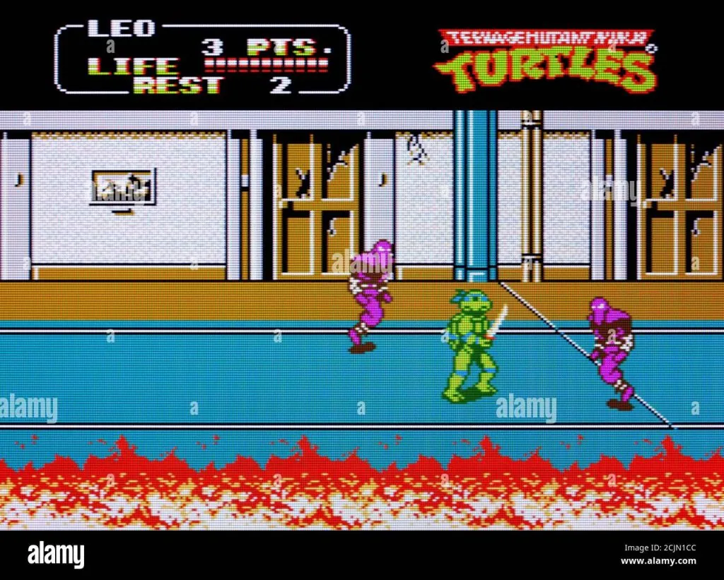 Growing Up Gaming: Navigating Video Games And Kids 2 This image is a screenshot from the video game Teenage Mutant Ninja Turtles II: The Arcade Game for the NES. It shows the character Leonardo fighting two purple Foot Soldiers on a blue floor with fire at the bottom of the screen. The game's HUD at the top displays "LEO", "3 PTS.", a life bar, and "REST 2".
